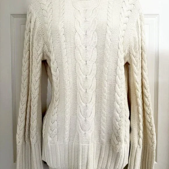 NWT Polo Ralph Lauren Cream 100% Cotton Cable Knit Leather Trim Button Sweater M - Picture 2 of 10